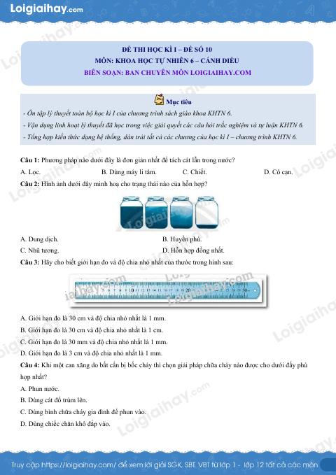 Đề thi học kì 1 KHTN 6 - Cánh diều - Đề số 10